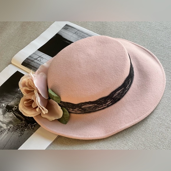 Elegant 100% Wool Wide Brim / Rose / Lace Hat In Dusty Rose-Royal/Derby/Church - Picture 8 of 14